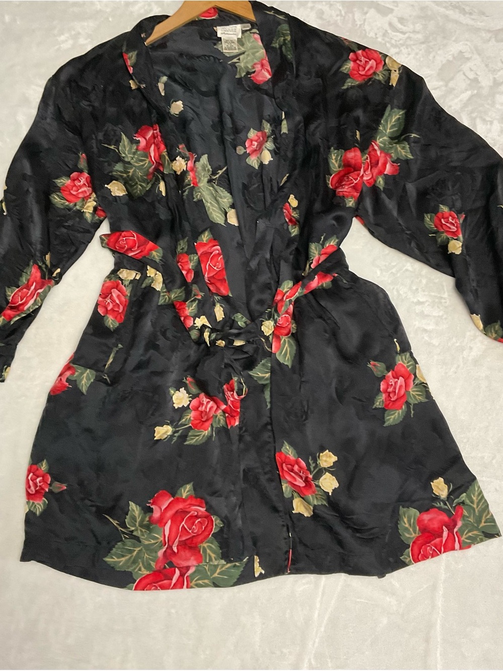 Vintage Morgan Taylor Black Silk Robe with Red Floral Print